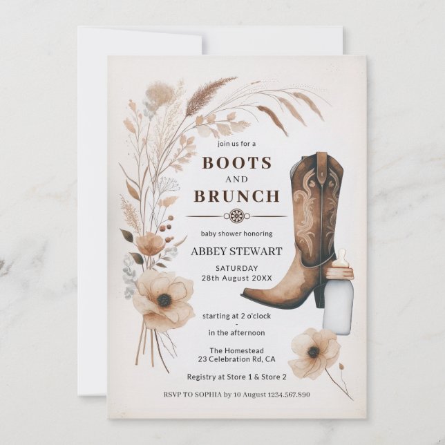 Cowgirl Baby Shower Einladung Stiefel & Brunch (Vorderseite)