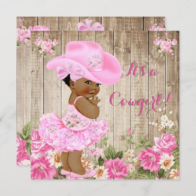 Cowgirl Babydusche Rosa Rustikale Wood Girl Ethnic Einladung (Vorne/Hinten)