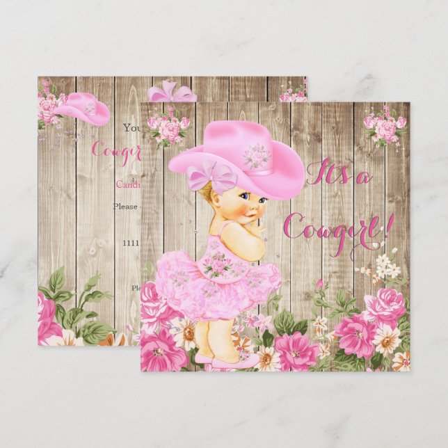 Cowgirl Babydusche Rosa Rustikales Wood Girl Blond Einladung (Vorne/Hinten)
