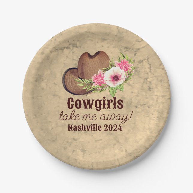 Cowgirl Bachelorette Rustikal Pink Floral Pappteller (Vorderseite)