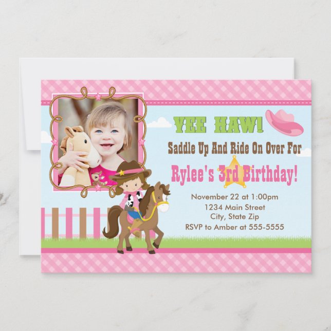 Cowgirl Birthday Einladung 12x18 Card Brünett (Vorderseite)