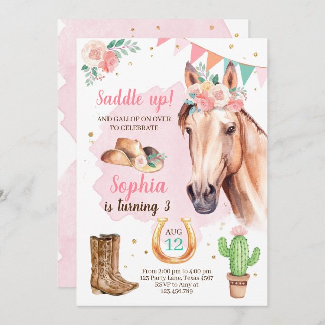 Cowgirl Birthday Invite Girl Horl Pink Wasserfarbe Einladung (Vorne/Hinten)