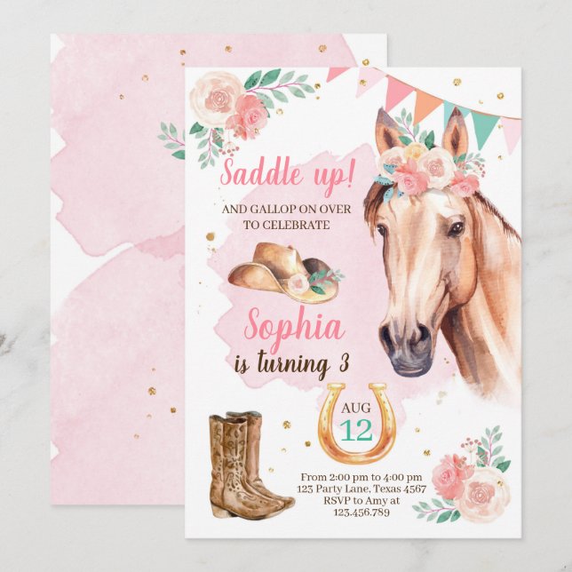 Cowgirl Birthday Invite Girl Horl Pink Wasserfarbe Einladung (Vorne/Hinten)