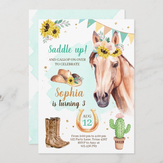 Cowgirl Birthday Invite Girl Horse Sonnenblumen Bl Einladung (Vorne/Hinten)