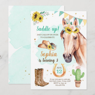 Cowgirl Birthday Invite Girl Horse Sonnenblumen Bl Einladung