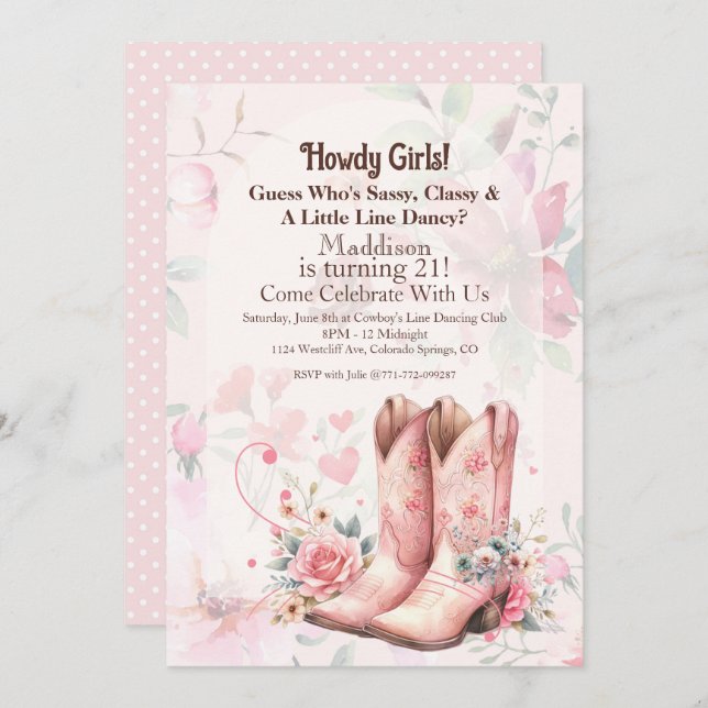 Cowgirl Birthday Line Dance Einladung (Vorne/Hinten)