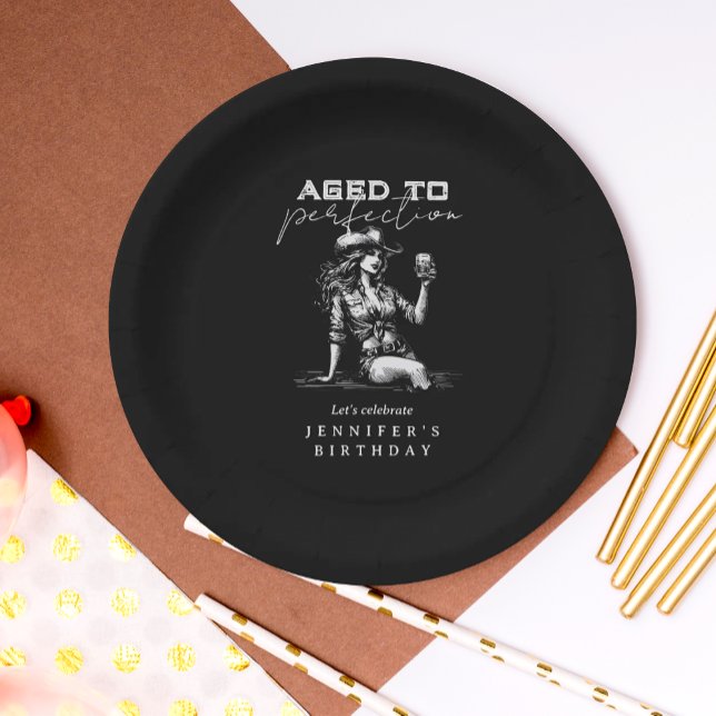 Cowgirl Black Aged to Perfection Birthday Party  Pappteller (Von Creator hochgeladen)