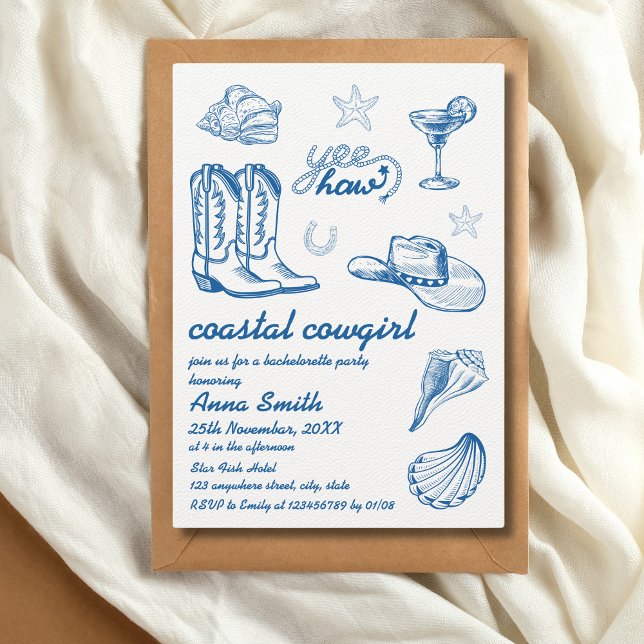Cowgirl Blue Hand Written Bachelorette Einladung (coastal cowgirl bachelorette party invitation)