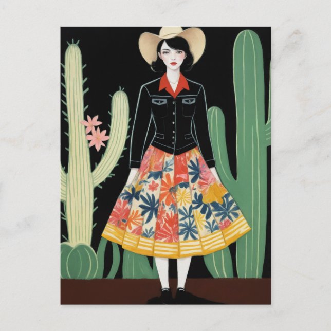 Cowgirl Blumenrock and Cactus Postkarte (Vorderseite)