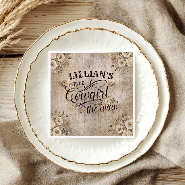 Cowgirl Boho Floral Western Script Paper Napkin Serviette (A Little Cowgirl is on the Way distressed wood effect - boho florals and western script typography)