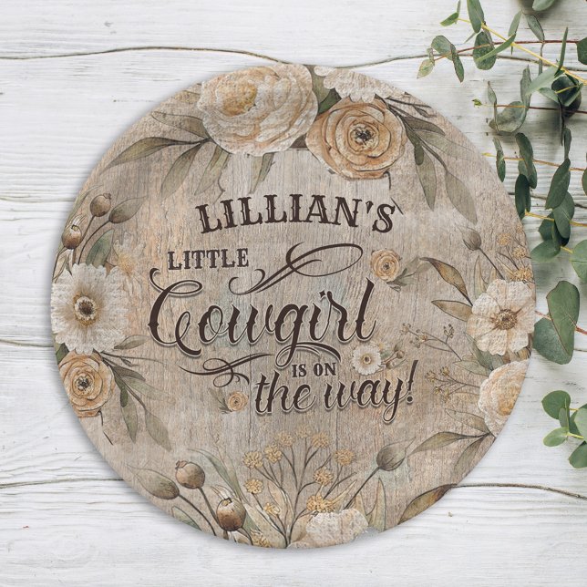 Cowgirl Boho Floral Western Script Pappteller (a little cowgirl is on the way vintage paper plate with boho florals)