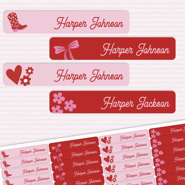 Cowgirl Boots & Hearts Kinder wasserdichte Namense Etiketten (Personalized Coquette Cowgirl kids name labels in pink and red)