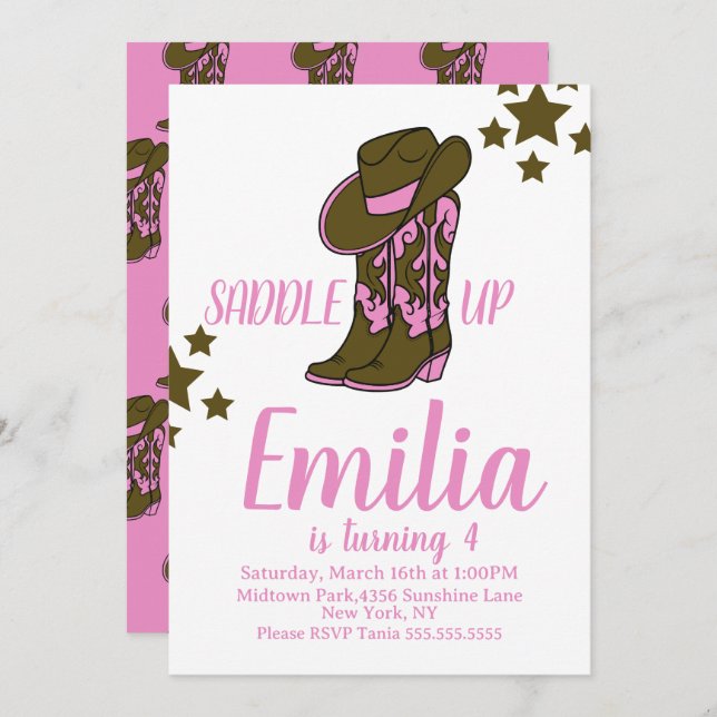 Cowgirl Boots Horse Themed Birthday Pink Einladung (Vorne/Hinten)