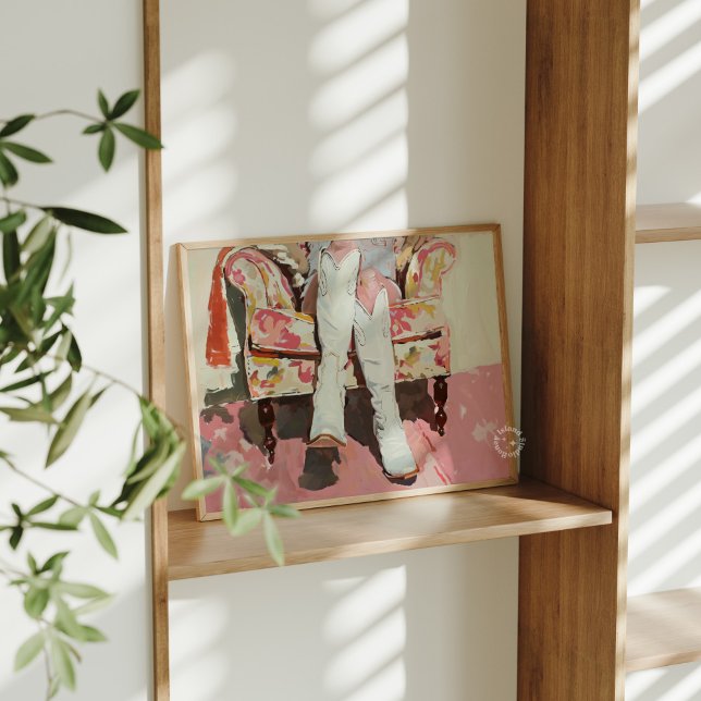 Cowgirl Boots Painting Retro Vintag Glossy Poster (Cowgirl Boots Painting Retro Vintage Print)