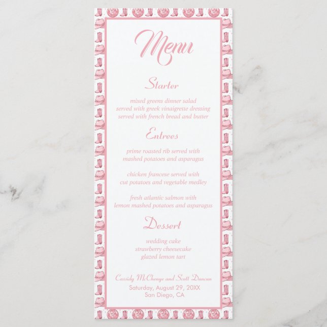 Cowgirl Boots Pink Western Wedding Menu Menükarte (Vorderseite)
