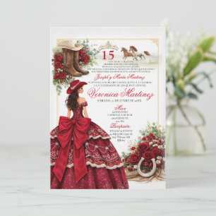 Cowgirl Burgund Western Quinceañera Charra Einladung
