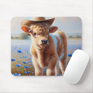 Cowgirl Calf in Weide mit Kornblumen Mousepad