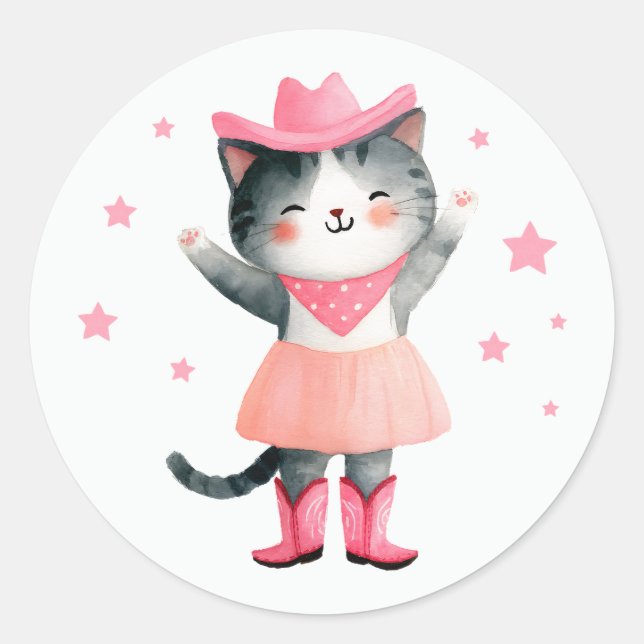 Cowgirl Cat Pastell Pink Niedlich Watercolor Weste Runder Aufkleber (Vorderseite)