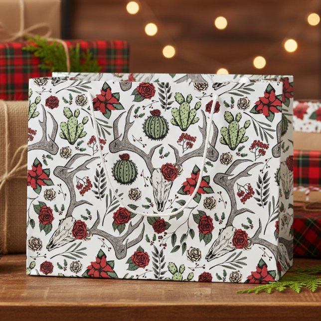 Cowgirl Christmas Floral Reindeer Skull Große Geschenktüte (Country Xmas Gothic Reindeer Skulls, Roses, Succulents, Cacti, Berries Western Christmas Gift Bags)