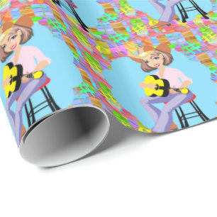 Cowgirl Country Western Sängerin mit gelber Gitarr Geschenkpapier
