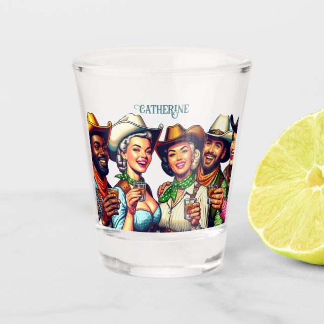 Cowgirl Cowboy Friends Drinking Shots Custom Schnapsglas (Vorderseite)