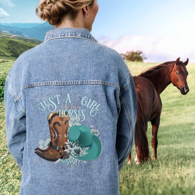 Cowgirl Cowboy Stiefel, dass Girl Liebe Pferde Nam Jeansjacke (Cowgirl cowboy boots hat Girl Love horses name Denim Jacket Just a girl who loves horses)