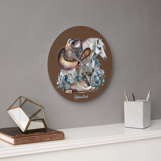 Cowgirl Cowboy Stiefel hat Blumenstrauß Western Große Wanduhr (Büro)
