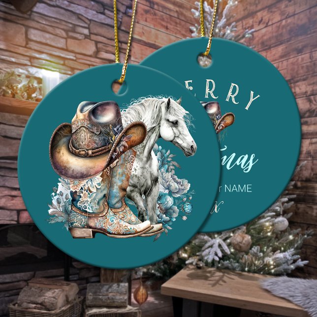 Cowgirl Cowboy Stiefel hat Blumenstrauß Western Keramik Ornament (Cowgirl horse cowboy boots hat floral western ceramic ornament)