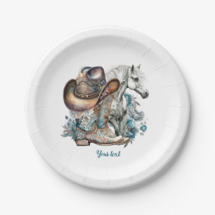 Cowgirl Cowboy Stiefel hat Blumenstrauß Western Pappteller