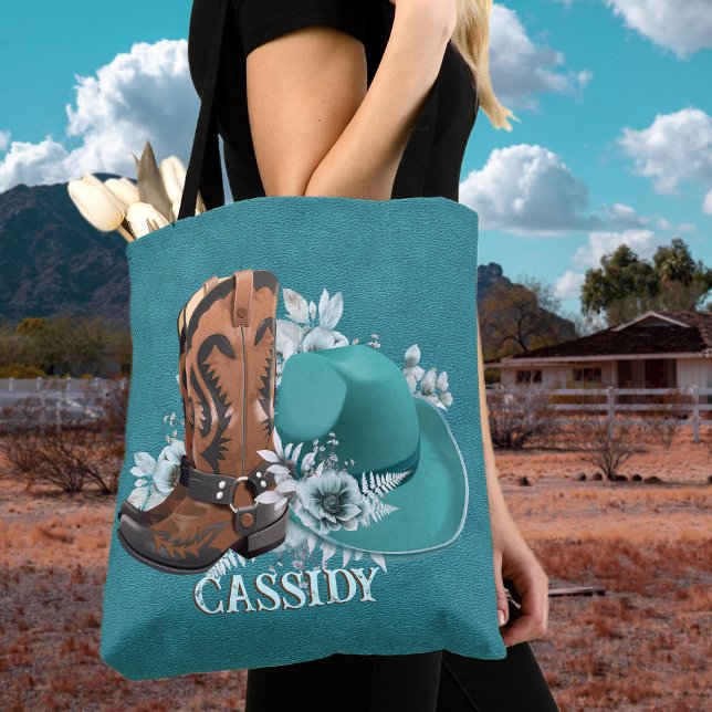 Cowgirl Cowboy Stiefel mit türkisfarbenem Ledernam (Cowgirl cowboy boots hat turquoise leather name tote bag)