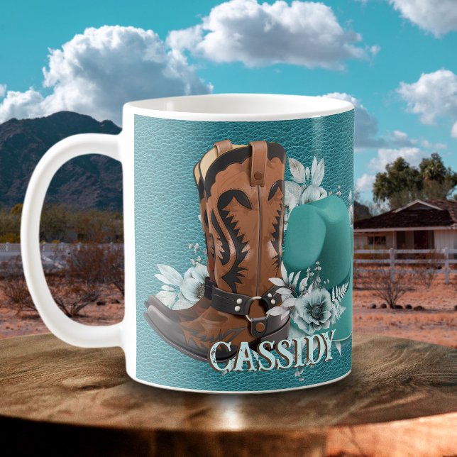 Cowgirl Cowboy Stiefel mit türkisfarbenem Ledernam Kaffeetasse (Cowgirl cowboy boots hat turquoise leather name coffee mug)