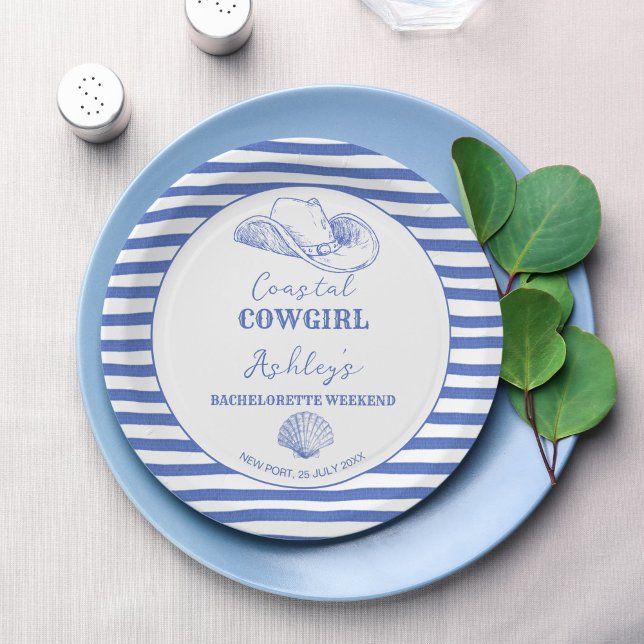 Cowgirl Cowgirl Bachelorette Wochenende gedruckt Pappteller (Coastal Cowgirl Bachelorette weekend party personalized printed Paper Plates dusty blue nautical)