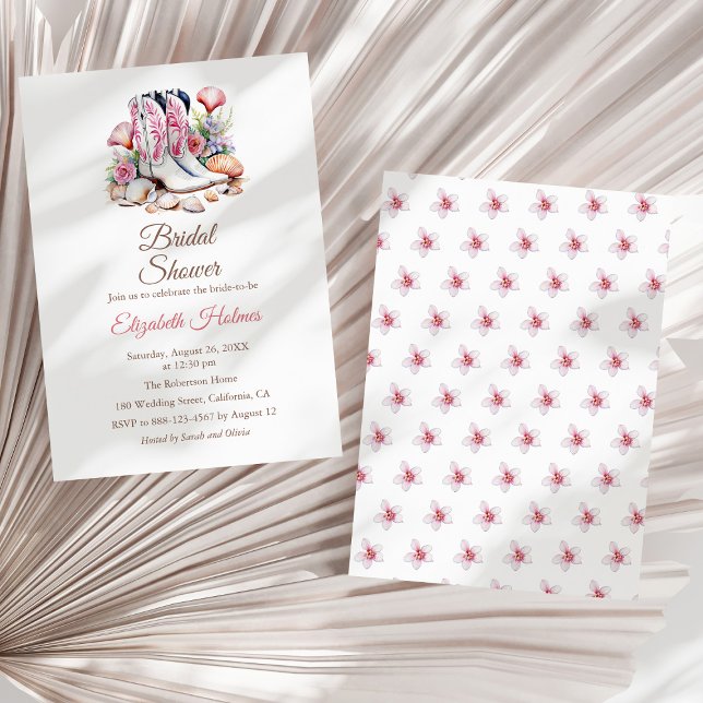 Cowgirl Cowgirl Boots Brautparty Einladung (Coastal Cowgirl Boots Bridal Shower Invitation on a white dry palm leaf.)