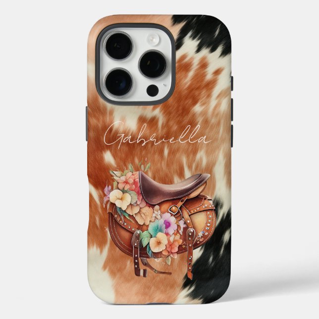 Cowgirl Cowhide Floral Saddle Case-Mate iPhone Hülle (Rückseite)