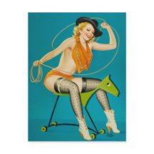 Cowgirl, die das Pferd-Button hochrennen