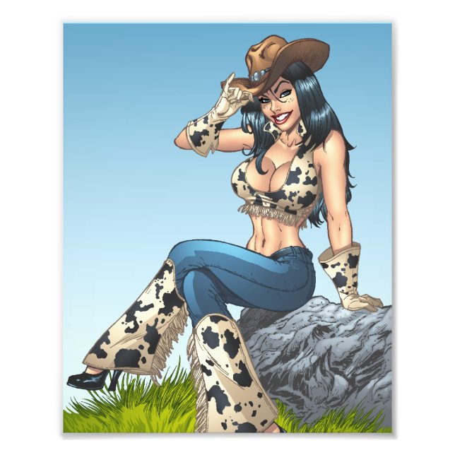 Cowgirl, die ihren Cowboy-Hut-Illustration Fotodruck