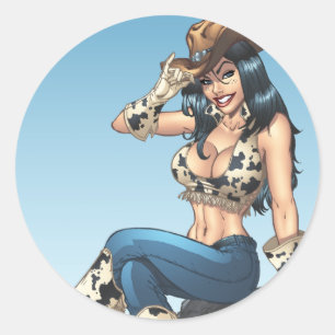 Cowgirl, die ihren Cowboy-Hut-Illustration Runder Aufkleber