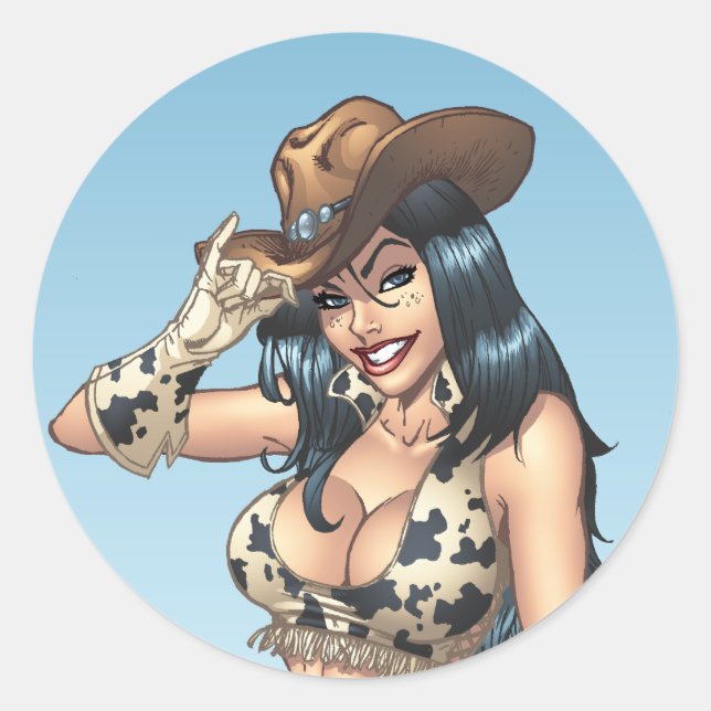 Cowgirl, die ihren Cowboy-Hut-Illustration Runder Aufkleber (Vorderseite)