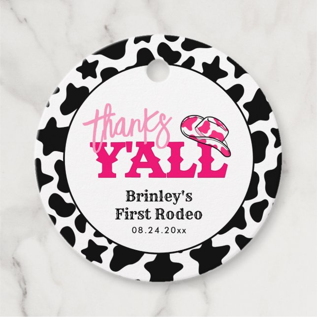 Cowgirl Disco Pink First Rodeo Danke Y'all Geschenkanhänger (Vorderseite)