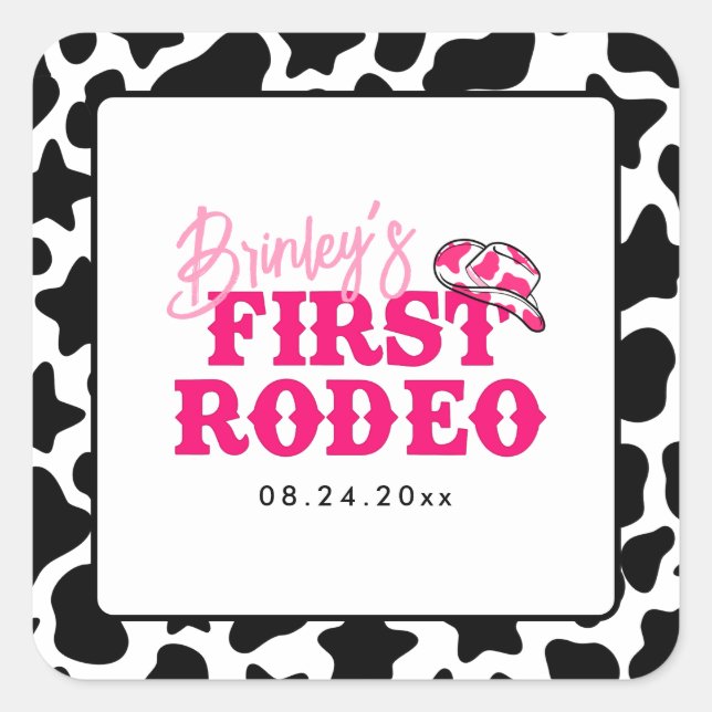 Cowgirl Disco Pink First Rodeo Quadratischer Aufkleber (Vorderseite)