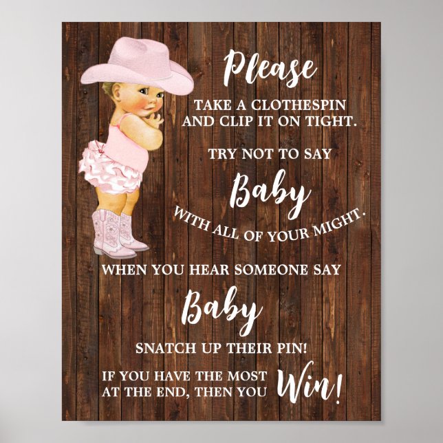 Cowgirl Don't say Baby Clothespin Baby Shower Game Poster (Vorne)