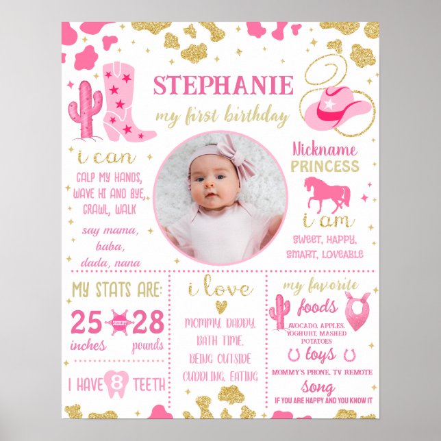 Cowgirl First Birthday Milestone sign (1074) Poster (Vorne)