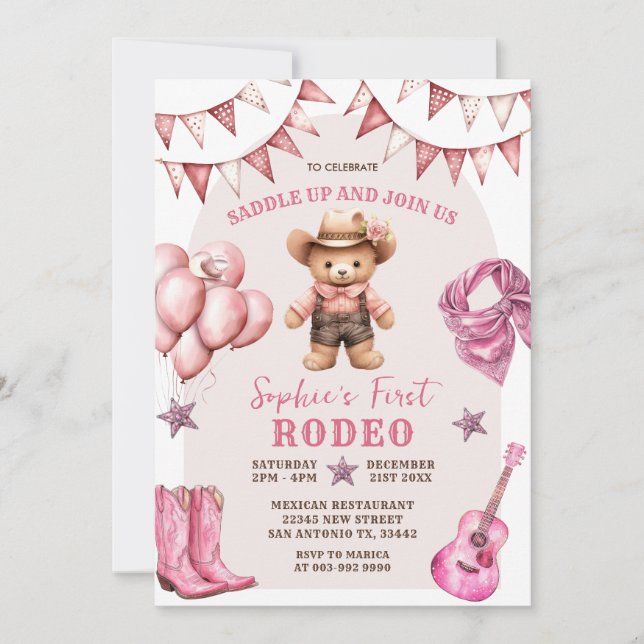 Cowgirl First Rodeo Balloons Einladung zum Geburts (Vorderseite)