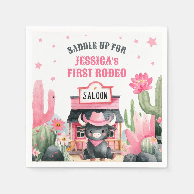 Cowgirl First Rodeo Highland Cow Birthday Party Serviette (Vorderseite)