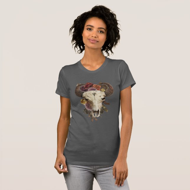 Cowgirl Floral Bison Animal Horned Skull T-Shirt (Vorne ganz)