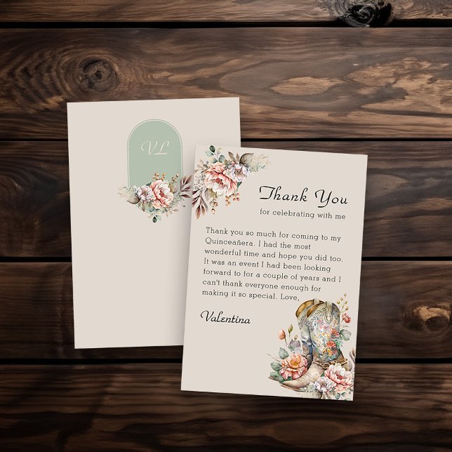 Cowgirl Floral Boots Rustic Boho Dankeskarte (Monogrammed Thank you Card from my Boho Floral Cowgirl Boots Quinceanera Collection
)