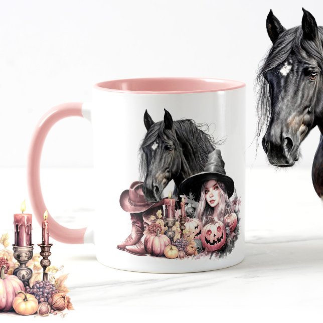 Cowgirl Halloween Pferde Brüder sind für Amateure Tasse (Pink Halloween cowgirl mug, black horse, cowboy boots, cowboy hat, personalized funny quote)