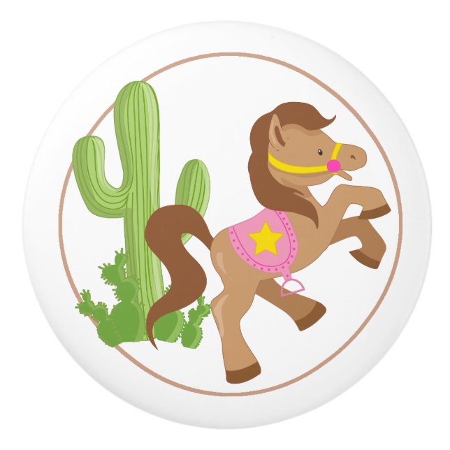 Cowgirl Horse and Cactus Keramikknauf (Vorderseite)