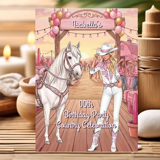 Cowgirl Horse Pink White Ranch Birthday Party Einladung (Von Creator hochgeladen)
