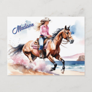 Cowgirl Horseback Riding on Beach by Ocean Custom Postkarte